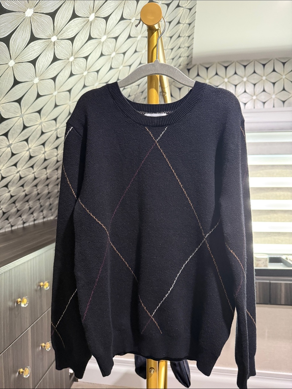 Kids Black Argyle-Detail Crewneck Sweater